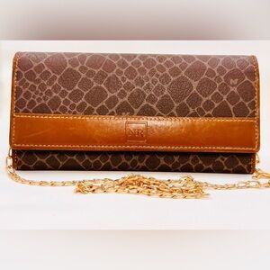 Nina Ricci Large Brown Leather Animal Print Wallet W/Optional Crossbody Chain